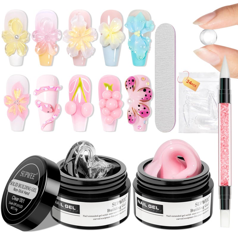 SUPWEE Solid Builder Gel for Nail Extension Clear Pink Non-Stick Hand Sculpture Hard Gel with Dual Form Flower Effect for Home DIY Manicure Set Lamp Cure Require 2 Colors 14g(0.49oz) - Image 1