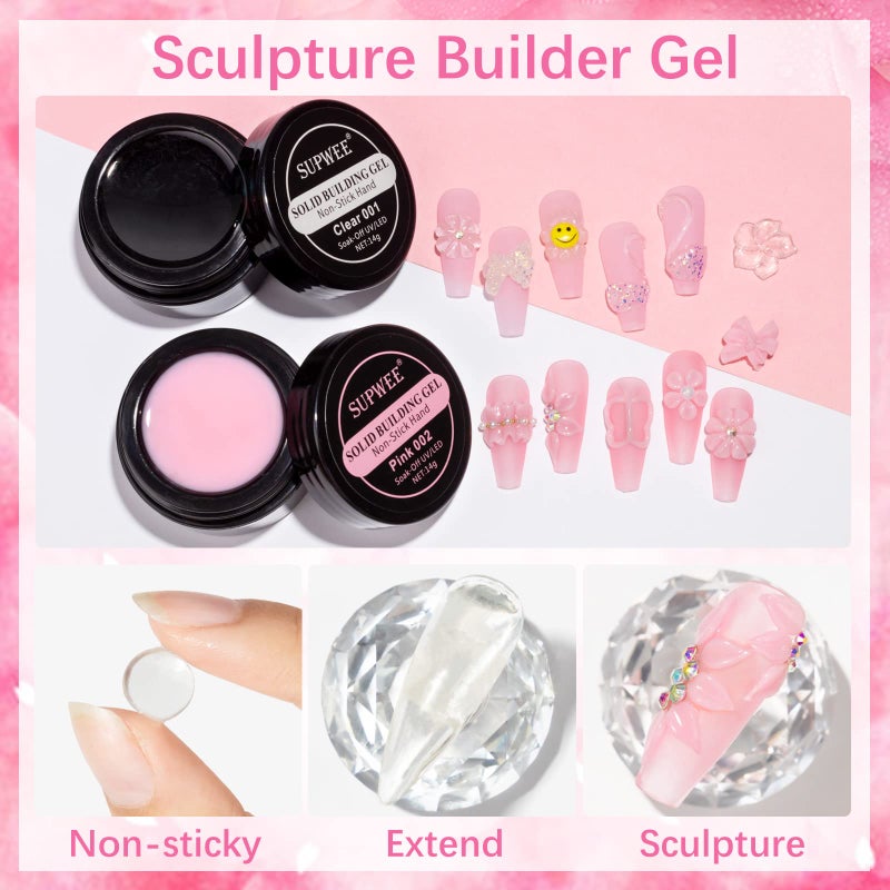 SUPWEE Solid Builder Gel for Nail Extension Clear Pink Non-Stick Hand Sculpture Hard Gel with Dual Form Flower Effect for Home DIY Manicure Set Lamp Cure Require 2 Colors 14g(0.49oz) - Image 4
