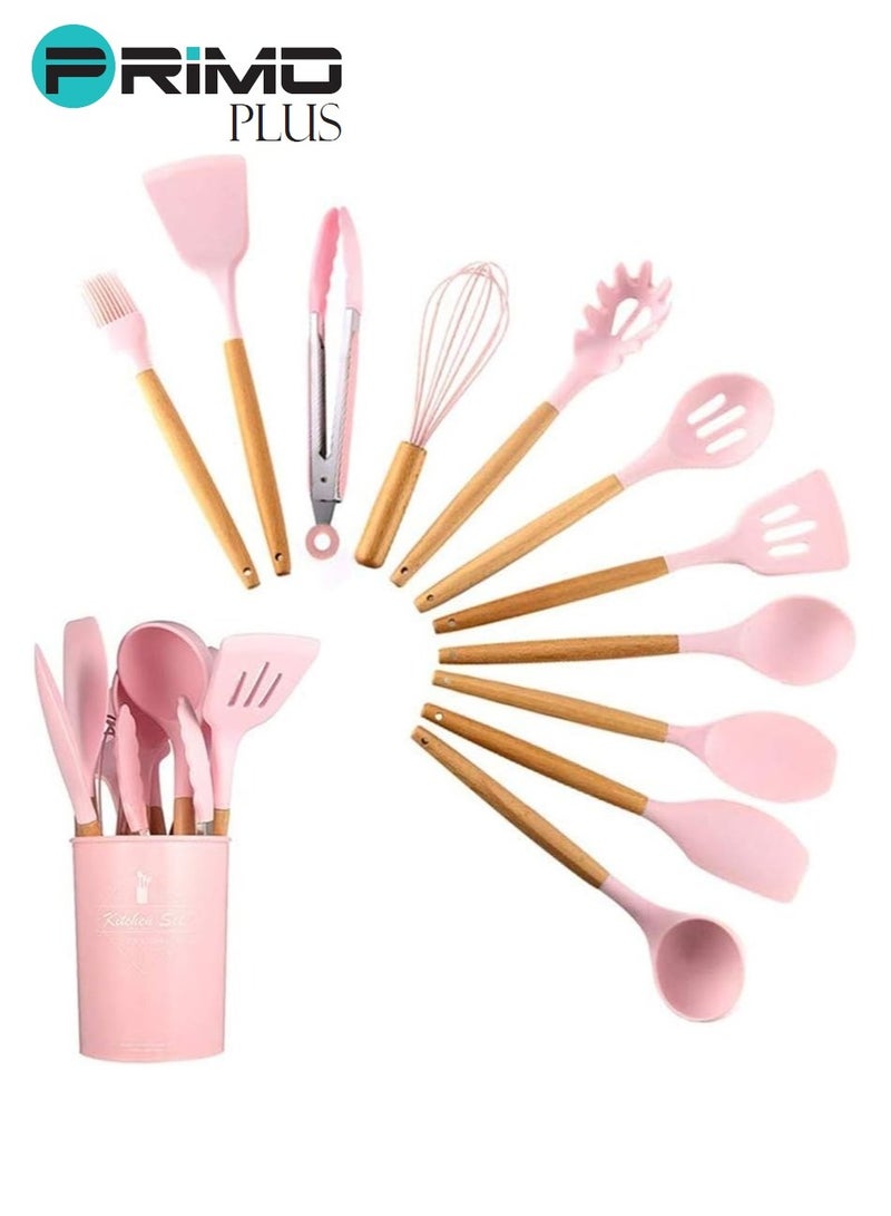 بريمو بلس مجموعة أدوات الطبخ أسطوانية الشكل مع مقبض خشبي من 11 قطعة  زهري/بني ,طقم توزيع سيليكون بيد خشب 11 قطعه بالحامل - Image 3