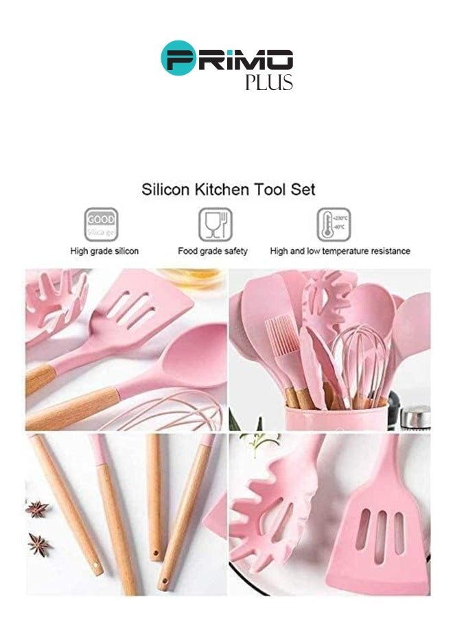 بريمو بلس مجموعة أدوات الطبخ أسطوانية الشكل مع مقبض خشبي من 11 قطعة  زهري/بني ,طقم توزيع سيليكون بيد خشب 11 قطعه بالحامل - Image 4