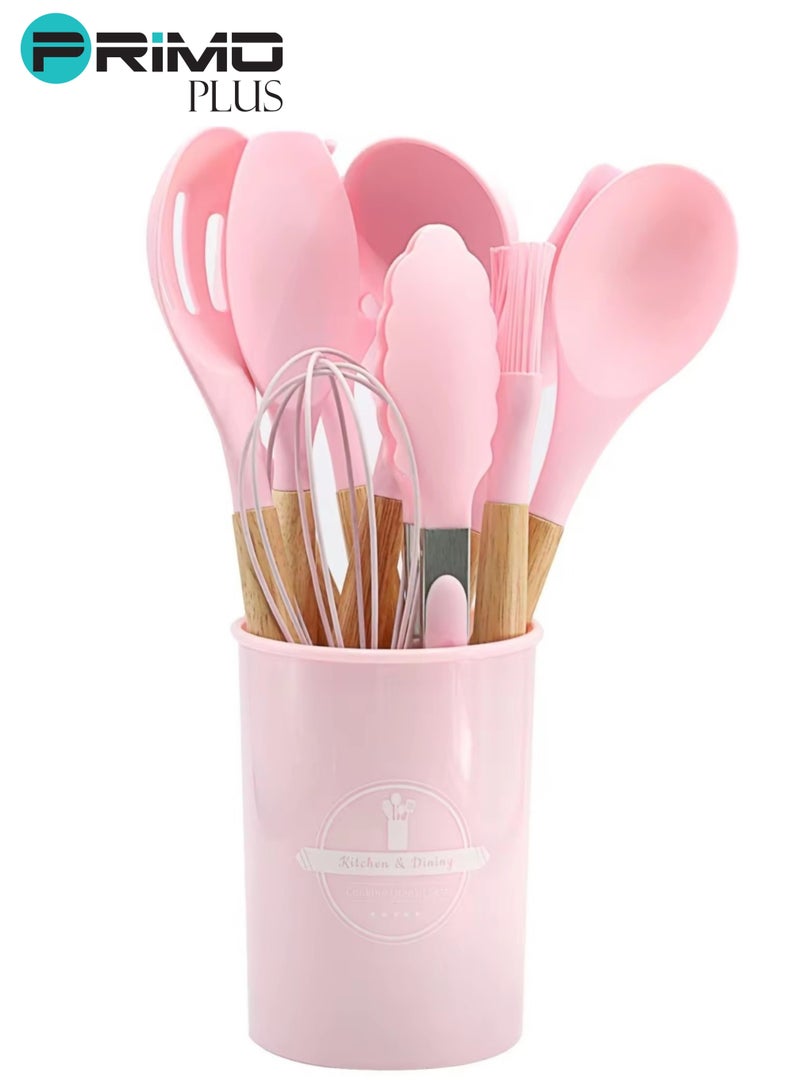 بريمو بلس مجموعة أدوات الطبخ أسطوانية الشكل مع مقبض خشبي من 11 قطعة  زهري/بني ,طقم توزيع سيليكون بيد خشب 11 قطعه بالحامل - Image 5