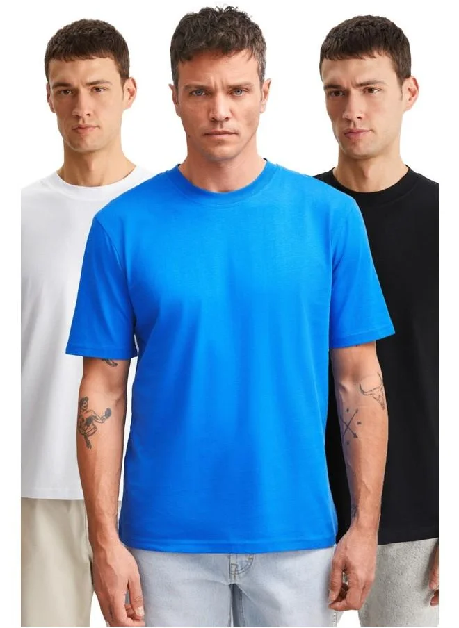 GRIMELANGE Cultivated Men's 3-Pack Heavy Texture Regular 100% Organic Cotton Black/White/Sax Blue T-Shirt