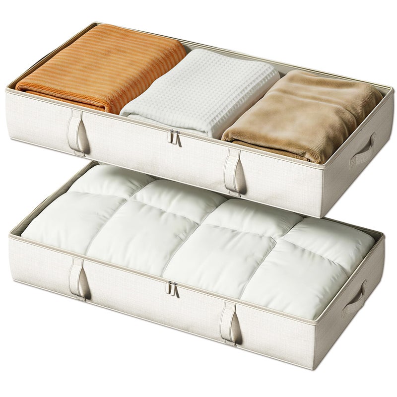 Vailando Side-Supported Under Bed Storage Containers, 6 Inches Tall 60L Underbed Storage Bins with Sturdy Handles and Sidewalls, Closet Organizer for Clothes, Blankets, Seasonal Items, Beige, 2-Pack - Image 1