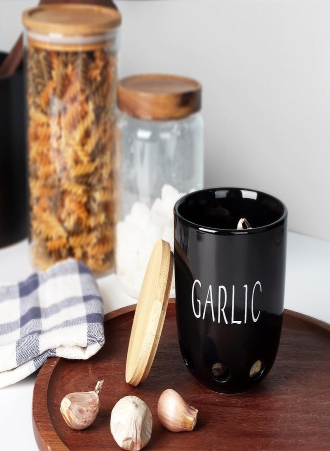 هاو توب حافظة ثوم سيراميكية من هاوتوب، حافظة ثوم بغطاء خشبي، حافظة ثوم للمطبخ، حامل ثوم للحفاظ على فصوص الثوم طازجة لفترة أطول (أسود) - Image 5