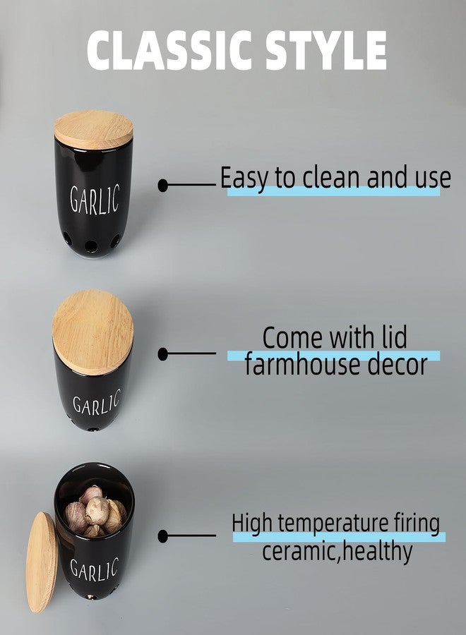 هاو توب حافظة ثوم سيراميكية من هاوتوب، حافظة ثوم بغطاء خشبي، حافظة ثوم للمطبخ، حامل ثوم للحفاظ على فصوص الثوم طازجة لفترة أطول (أسود) - Image 4