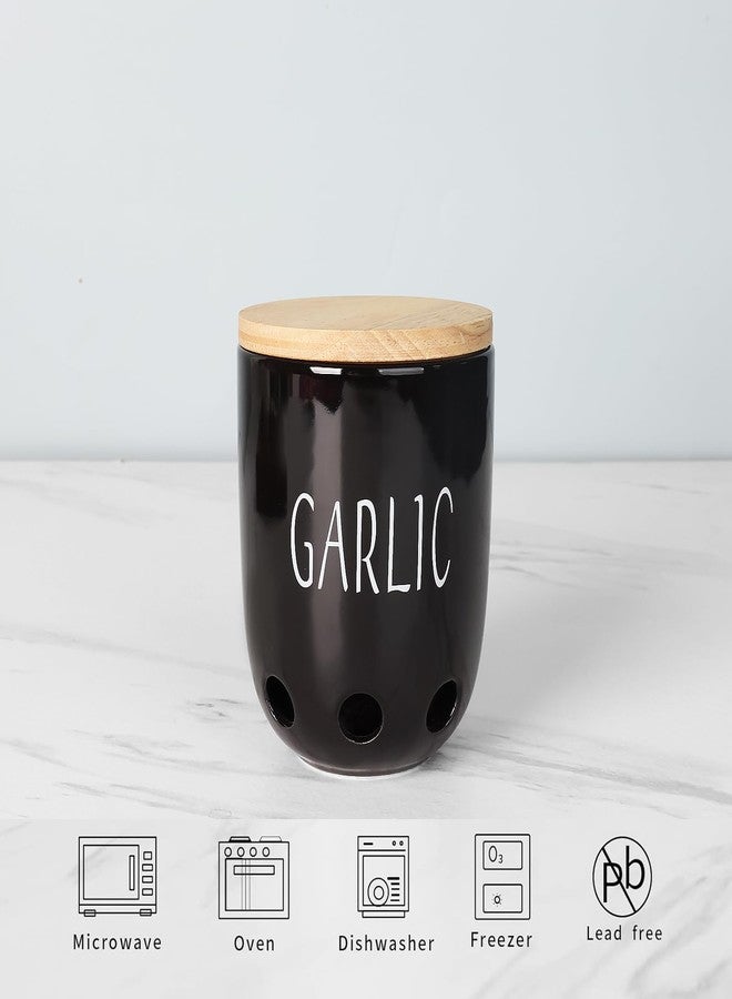 هاو توب حافظة ثوم سيراميكية من هاوتوب، حافظة ثوم بغطاء خشبي، حافظة ثوم للمطبخ، حامل ثوم للحفاظ على فصوص الثوم طازجة لفترة أطول (أسود) - Image 3