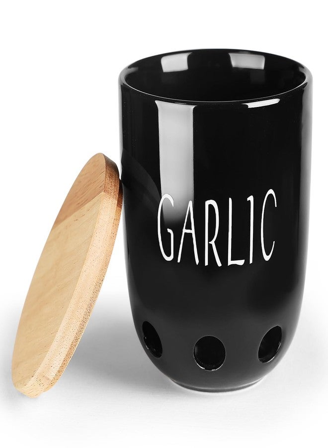 هاو توب حافظة ثوم سيراميكية من هاوتوب، حافظة ثوم بغطاء خشبي، حافظة ثوم للمطبخ، حامل ثوم للحفاظ على فصوص الثوم طازجة لفترة أطول (أسود) - Image 1