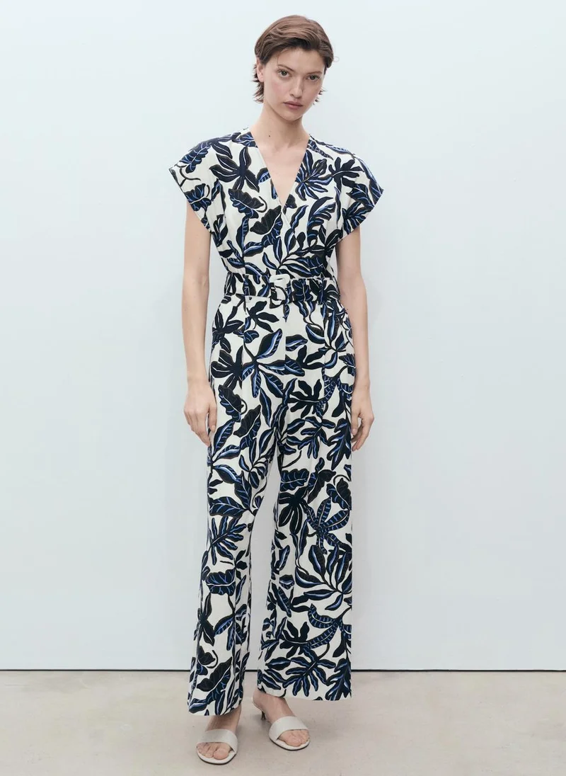 مانجو Printed Linen Jumpsuit With Belt