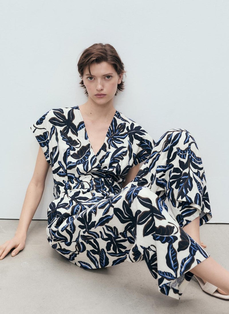 MANGO Printed Linen Jumpsuit With Belt  - Image 3