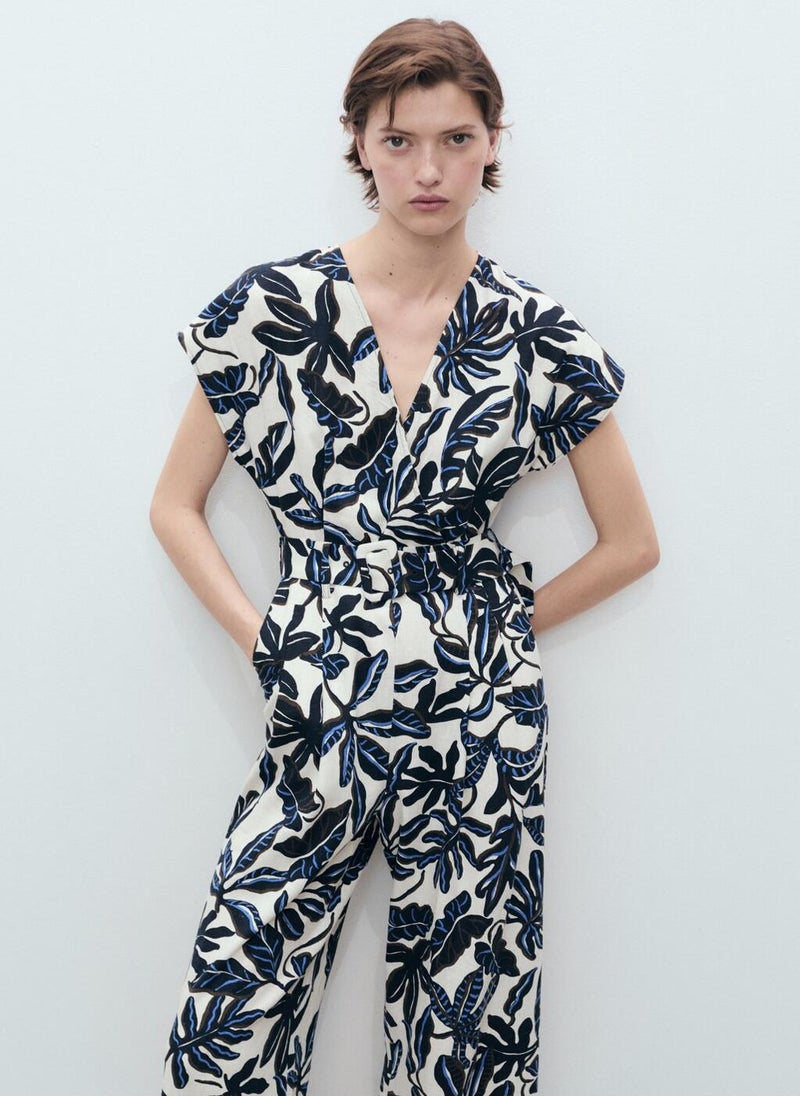 MANGO Printed Linen Jumpsuit With Belt  - Image 5