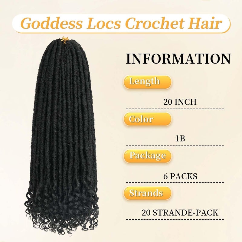 MODERN QUEEN 20 Inch Goddess Faux Locs Crochet Hair 6Packs Straight Goddess Locs with Curly Ends Synthetic Crochet Hair Braids for Women(1B#) - Image 2