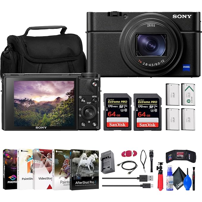 سوني كاميرا سوني سايبر شوت DSC-RX100 VII الرقمية (DSC-RX100M7) + بطاقتي ذاكرة سعة 64 جيجابايت + حقيبة + 3 بطاريات NP-BX1 + قارئ بطاقات + مصباح LED + برنامج Corel Photo + كابل HDMI + شاحن + المزيد (مُجددة) | للسفر والتصوير اليومي | تتضمن بطاقتي ذاكرة سعة 64 جيجابايت + مصباح LED + 3 بطاريات NP-BX1 + شاحن بطاريات + حقيبة + المزيد - Image 1