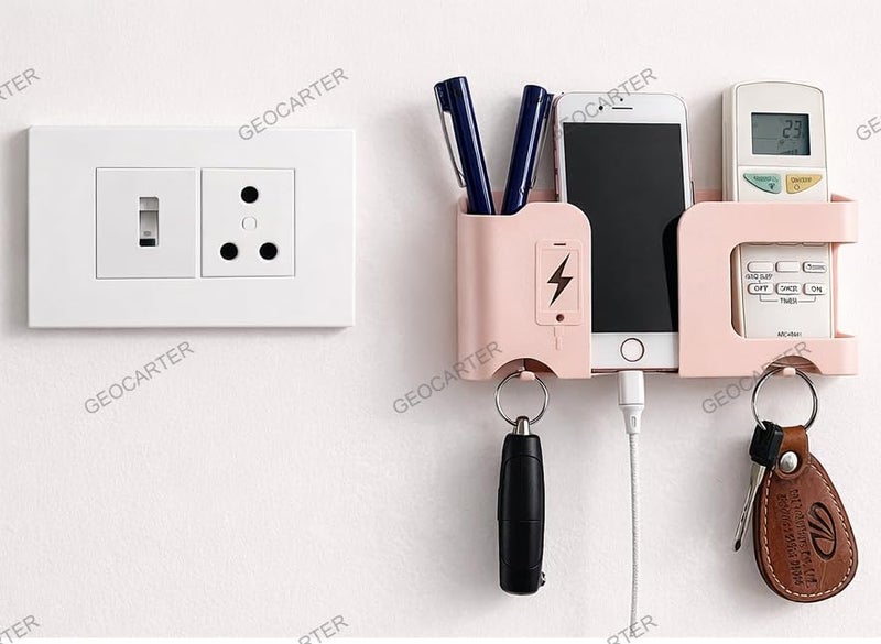 GEOCARTER Mobile Phone Charging Stand Multi-Functional Storage Wall Mounted Ac Remote Holder Self Adhesive Bedside Fixed Rack Bedroom Office Accessories Apricot Pack of 1 - Image 5