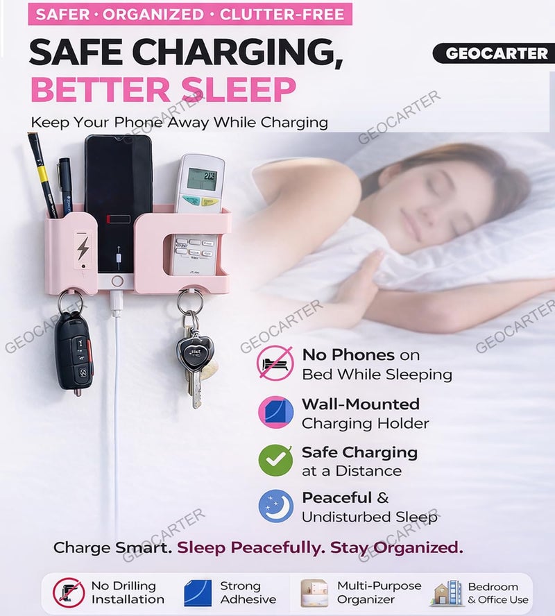 GEOCARTER Mobile Phone Charging Stand Multi-Functional Storage Wall Mounted Ac Remote Holder Self Adhesive Bedside Fixed Rack Bedroom Office Accessories Apricot Pack of 1 - Image 4