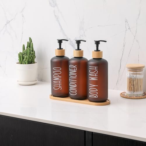 MOMEEMO Amber Shower Dispenser Set, Contains 3 Extra-Thick PET Plastic Bottles with Bamboo Pumps, Shampoo and Conditioner Dispenser for Shower Perfect for Modern Bathroom Decor. (Amber) - Image 4