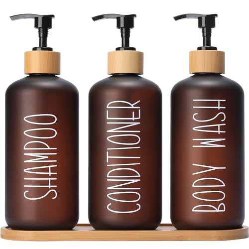 MOMEEMO Amber Shower Dispenser Set, Contains 3 Extra-Thick PET Plastic Bottles with Bamboo Pumps, Shampoo and Conditioner Dispenser for Shower Perfect for Modern Bathroom Decor. (Amber) - Image 1