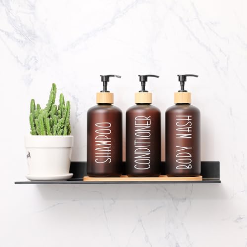 MOMEEMO Amber Shower Dispenser Set, Contains 3 Extra-Thick PET Plastic Bottles with Bamboo Pumps, Shampoo and Conditioner Dispenser for Shower Perfect for Modern Bathroom Decor. (Amber) - Image 2