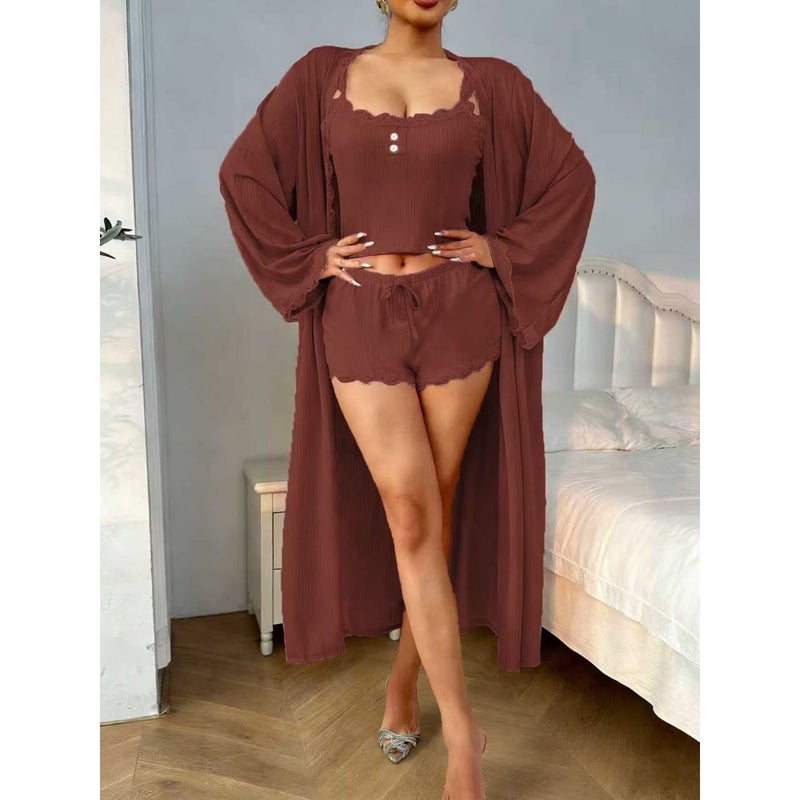 New Lace Camisole Trim European and American Women's Homewear Three-Piece Set Fashion Sexy Casual Slim Breathable Export