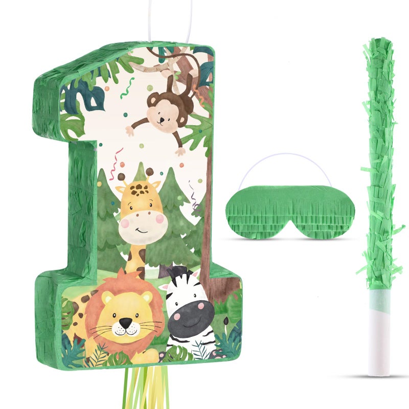 Hungdao Wild One Piata Number 1 Pull String Mini Piata with Blindfold Bat Confetti Wild One 1st Birthday Party Decorations Safari Jungle Party Supplies 161 x 109 x 276 Inch - Image 2