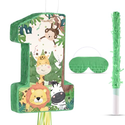Hungdao Wild One Piata Number 1 Pull String Mini Piata with Blindfold Bat Confetti Wild One 1st Birthday Party Decorations Safari Jungle Party Supplies 161 x 109 x 276 Inch - Image 1