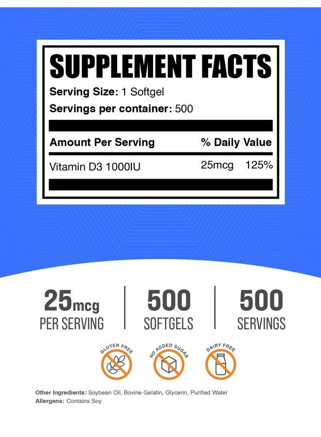 BulkSupplements.com Vitamin D3 1000IU Softgels - Cholecalciferol, D3 Supplement, Vitamin D 1000 IU - 1 Vitamin D3 Softgel (25mcg of Vitamin D) per Serving, 500 Count (Pack of 1) - Image 2