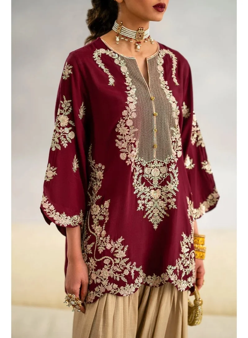 Bazm-A Fashion Atelier  Luxury 2-Piece Embroidered Maroon and Beige Outfit - Chest Size 42-44 for Women | Best Price UAE