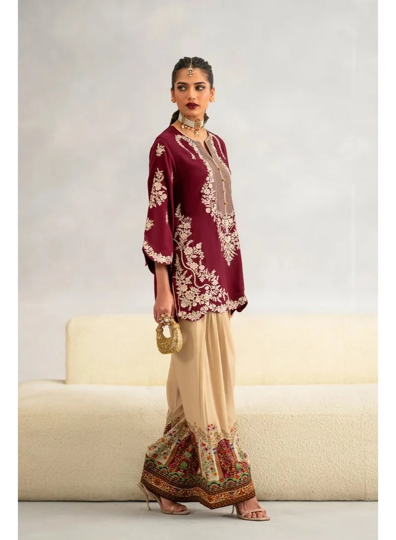 Bazm-A Fashion Atelier  Luxury 2-Piece Embroidered Maroon and Beige Outfit - Chest Size 42-44 for Women | Best Price UAE