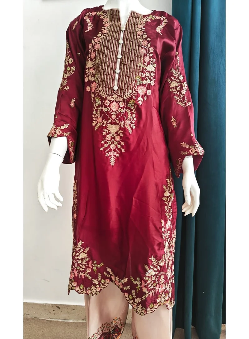 Bazm-A Fashion Atelier  Luxury 2-Piece Embroidered Maroon and Beige Outfit - Chest Size 42-44 for Women | Best Price UAE