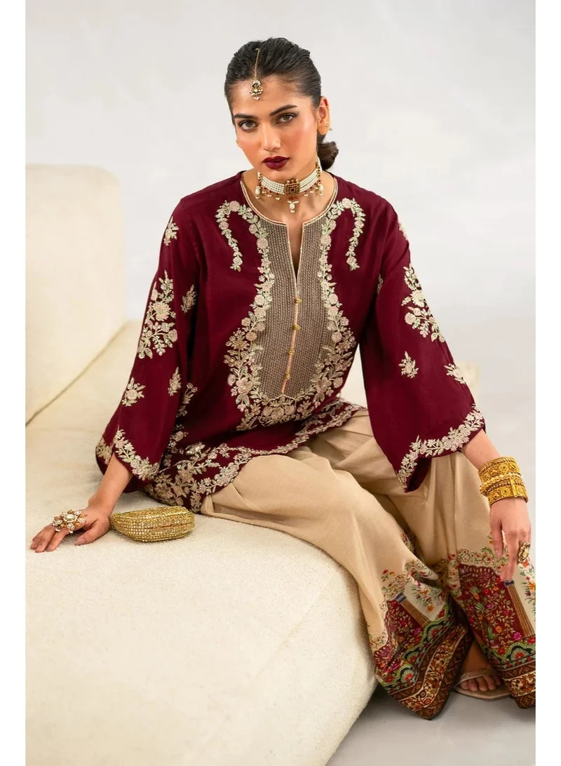 Luxury 2-Piece Embroidered Maroon and Beige Outfit - Chest Size 42-44