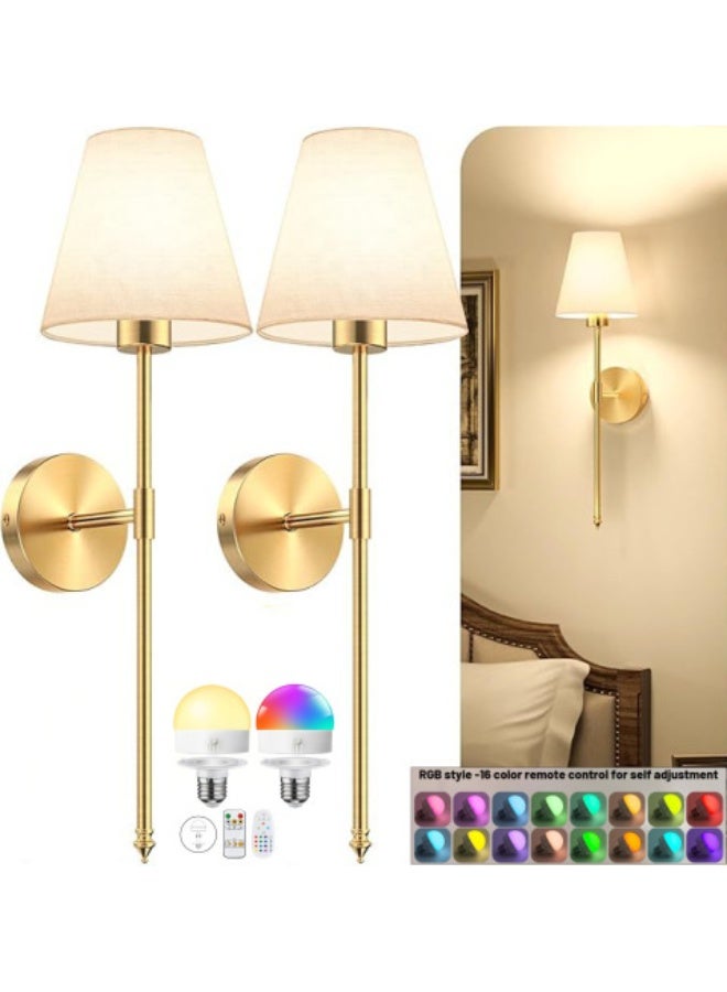 2PCS LED Wall Sconces, Slim Wall Sconces Premium Gold Finish with Remote & Timer, Dimmable 15-Color-Temp Lights for Bedroom, Living Room, Bathroom