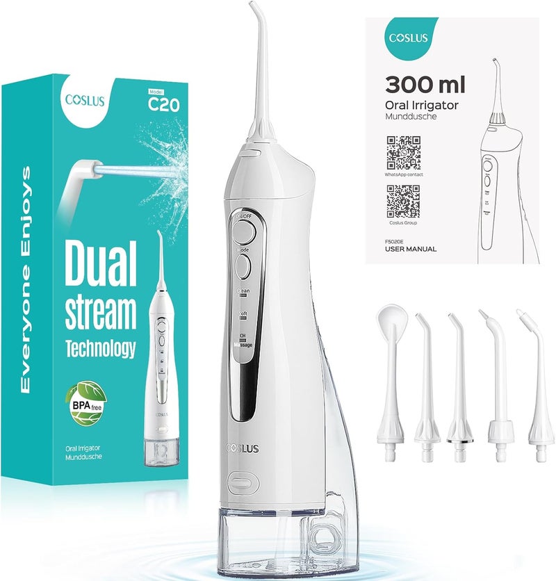 كوسلوس C20 Water Flosser: خيط تنظيف بالماء للعناية بالأسنان واللثة، لاسلكي، خزان مياه كبير، تنظيف عميق، قابل لإعادة الشحن، مقاوم للماء، خالي من مادة BPA، متعدد الفوهات، مناسب للاستخدام المنزلي وأثناء السفر، اللون أبيض. - Image 1