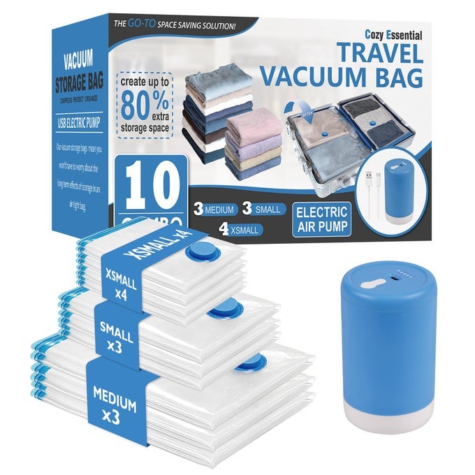 TRAVEL VACUUM BAGS WITH RECHARGEABLE ELECTRIC PUMP 10 PACK VACUUM TRAVEL BAGS FOR LUGGAGE AND SUITCASE VACUUM SEAL SPACE SAVER COMPRESSION FOR CLOTHES CLOTHING