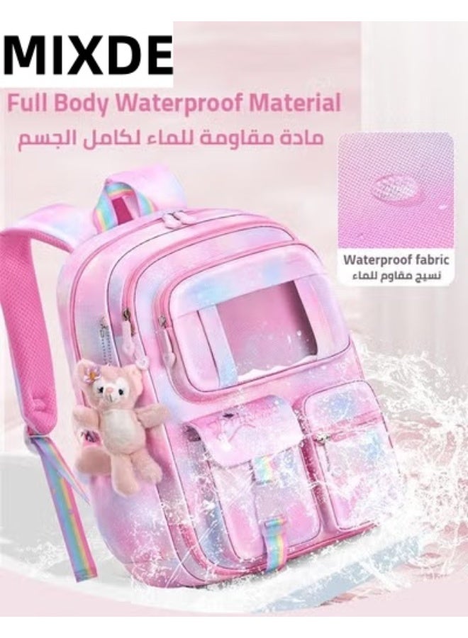 MIXDE Kids Backpack Little Girls Cute Personalized Book Bags for Elementary School Lightweight Resistant Big Travel Daypack with Free Pen Case and Stick Badge - Image 3