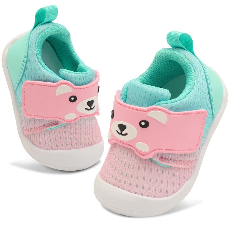 FEETCITY Baby Walking Shoes Baby Sneakers Wide Infant Shoes Breathable Infant Slip On Shoe Newborn Crib Shoe 12-18 Months Pink Green - Image 1