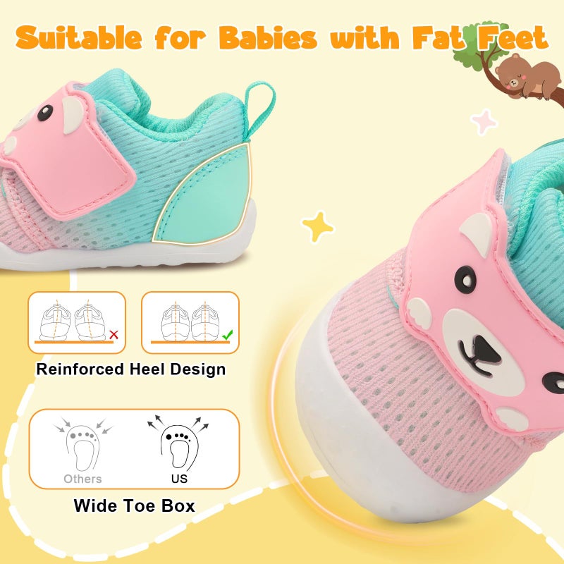 FEETCITY Baby Walking Shoes Baby Sneakers Wide Infant Shoes Breathable Infant Slip On Shoe Newborn Crib Shoe 12-18 Months Pink Green - Image 4