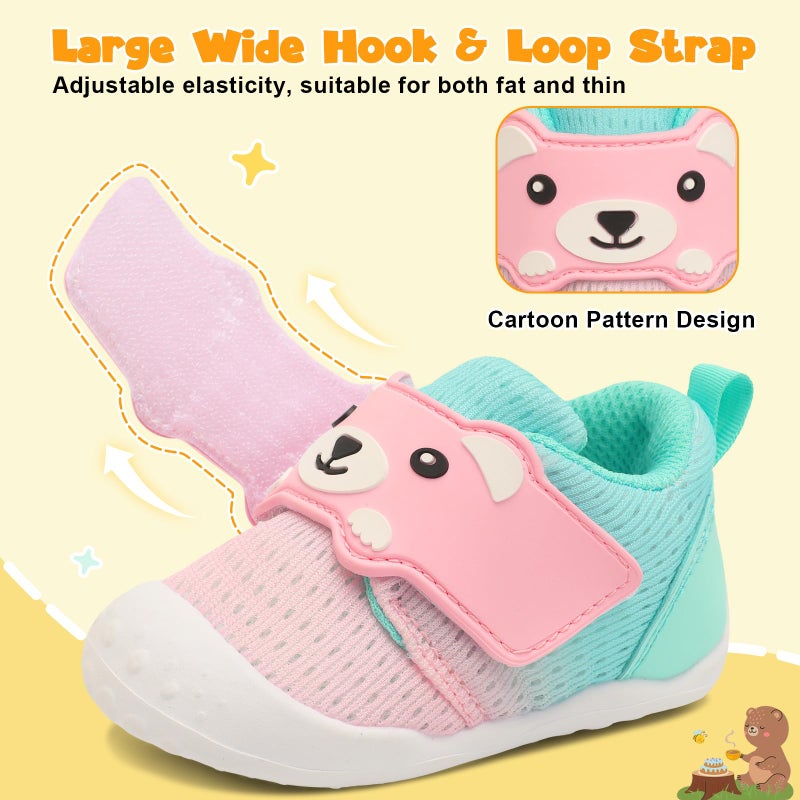 FEETCITY Baby Walking Shoes Baby Sneakers Wide Infant Shoes Breathable Infant Slip On Shoe Newborn Crib Shoe 12-18 Months Pink Green - Image 5
