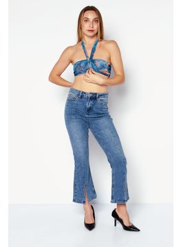 boohoo Women Halter Neck Sleeveless Printed Crop Tops, Blue Combo  - Image 2