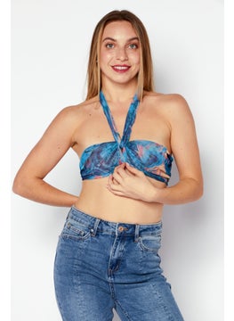 boohoo Women Halter Neck Sleeveless Printed Crop Tops, Blue Combo  - Image 1