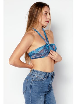 boohoo Women Halter Neck Sleeveless Printed Crop Tops, Blue Combo  - Image 4