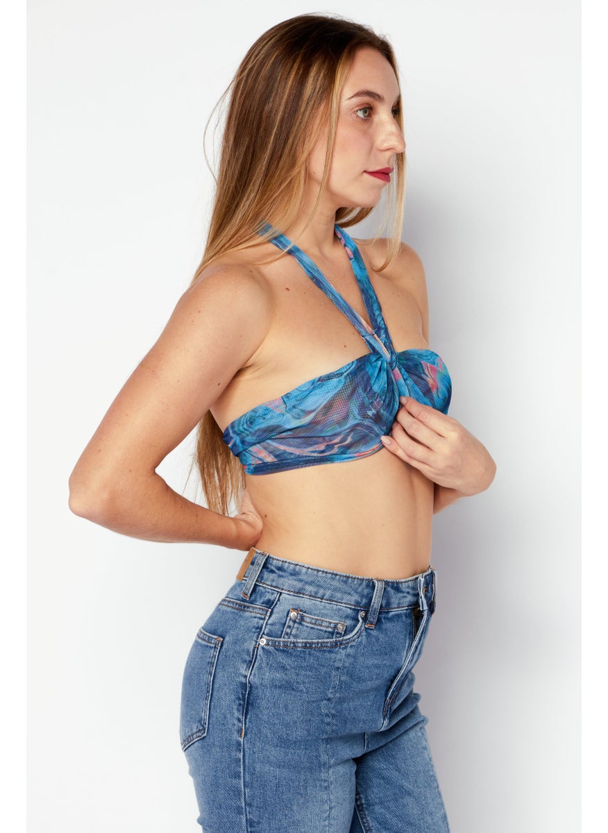boohoo - Women Halter Neck Sleeveless Printed Crop Tops, Blue Combo - Image 1