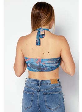 boohoo Women Halter Neck Sleeveless Printed Crop Tops, Blue Combo  - Image 3
