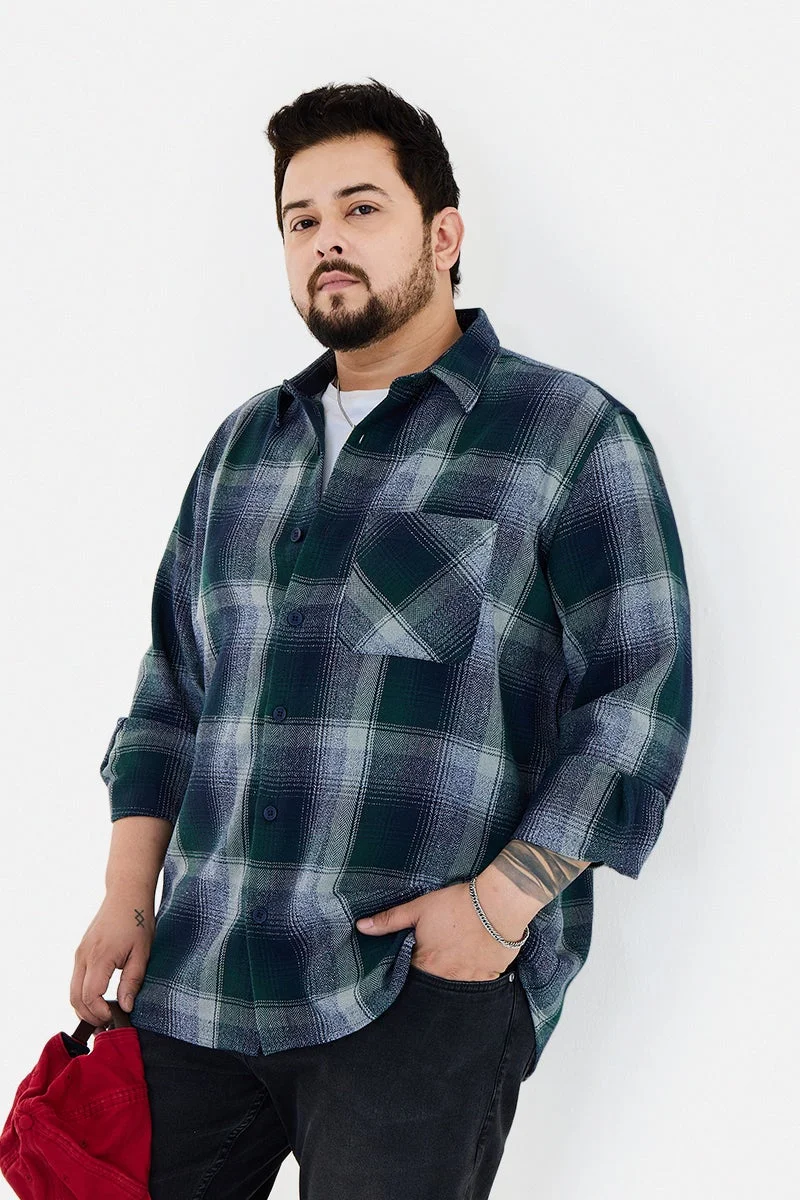 SNITCH Dark Green Checkered Long Sleeve Regular Fit Plus Size Shirt