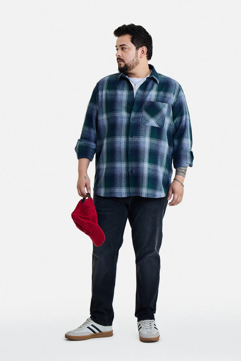 سنيتش Dark Green Checkered Long Sleeve Regular Fit Plus Size Shirt