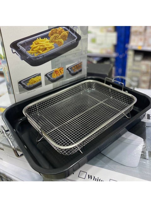 A charming kitchen grid tray. A roasting tray with a stainless steel grill holder. It is indispensable in your kitchen. A heavy steel tray. A movable grid. We can use the tray with or without the grid. It is wonderful for grilling meat and chicken, making mandi, and cooling cakes and baked goods on the grid.
