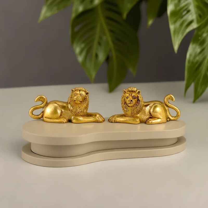 Kartique Brass Lion Idol for Maha Vastu Shastra and Feng Shui Remedies for Home Decor Statue in Pair Wild Animal Collection Items House Warming Decorative Gift Gold Color 330 gm - Image 1