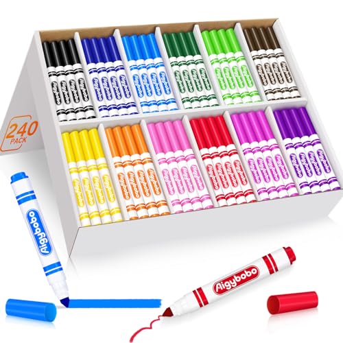 Aigybobo 240 Count Washable Markers Bulk 12 Assorted Colors Broad Line Conical Tip Coloring Markers for Kids Markers Bulk Pack for Classroom School Art Supplies Back to School Supplies - Image 1