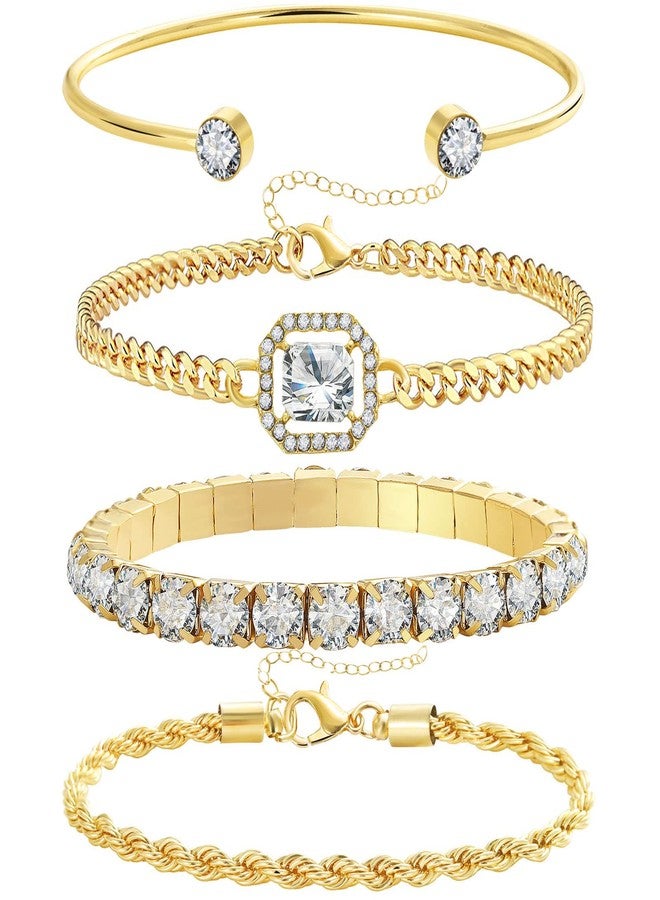 17IF 4 Pcs Dainty Golden Silver Bracelets Set for Women 14K Plated Link Cubic Zirconia Paperclip Stake Layering Chain Adjustable Trendy Hand Jewelry - Image 1