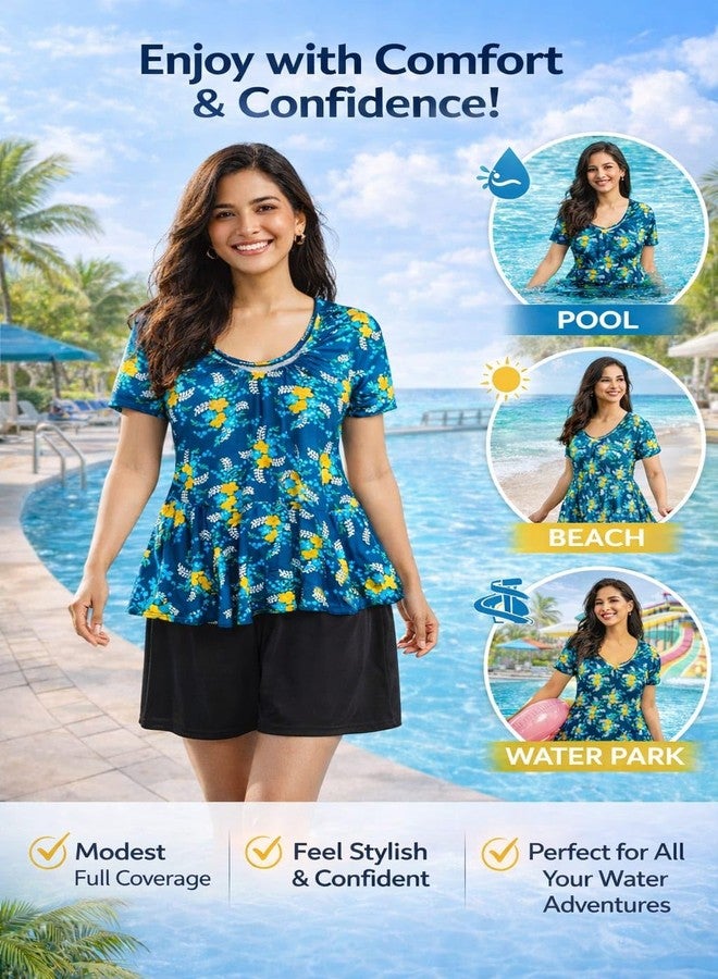 NLW Women's Floral Swim Dress with Built-in Shorts, Quick-Dry, Soft and Stretchable, Teal, for Pool, Beach and Water Park (in, Alpha, 5XL, Regular) - Image 4