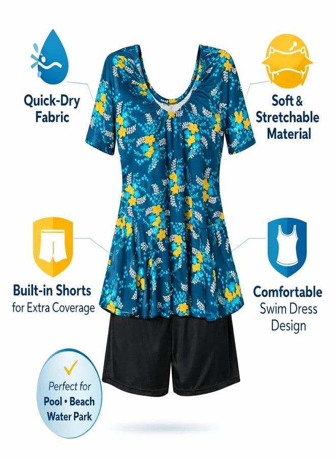 NLW Women's Floral Swim Dress with Built-in Shorts, Quick-Dry, Soft and Stretchable, Teal, for Pool, Beach and Water Park (in, Alpha, 5XL, Regular) - Image 3