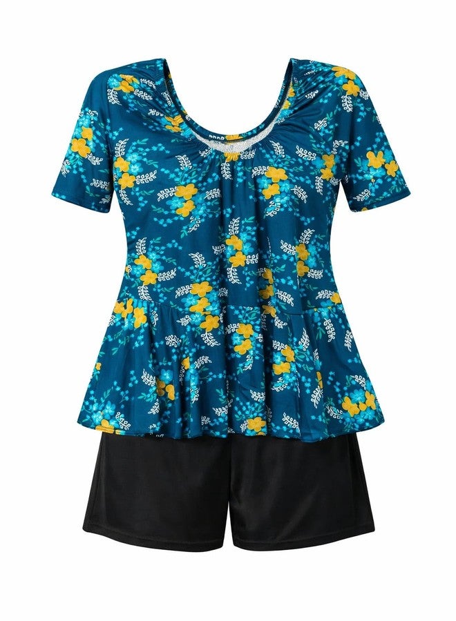 NLW Women's Floral Swim Dress with Built-in Shorts, Quick-Dry, Soft and Stretchable, Teal, for Pool, Beach and Water Park (in, Alpha, 5XL, Regular) - Image 1